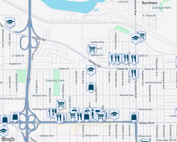 map of restaurants, bars, coffee shops, grocery stores, and more near 275 Paxton Avenue in Calumet City