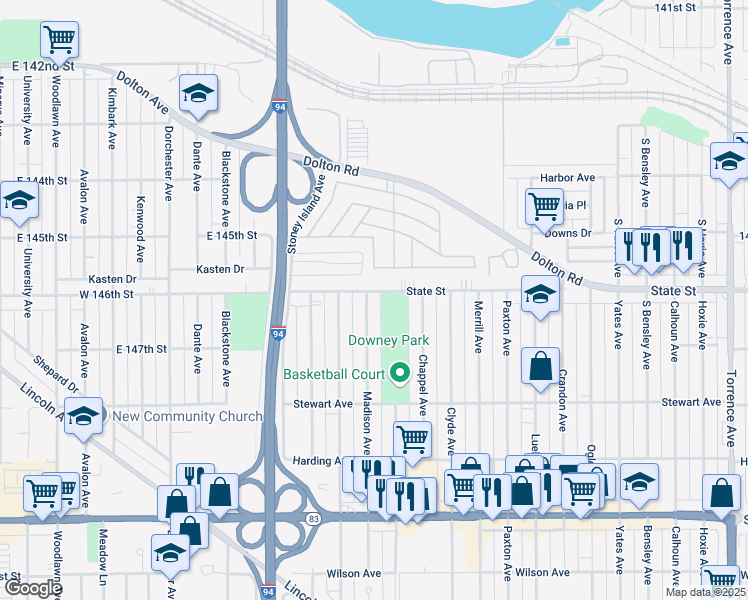 map of restaurants, bars, coffee shops, grocery stores, and more near 269 Madison Avenue in Calumet City