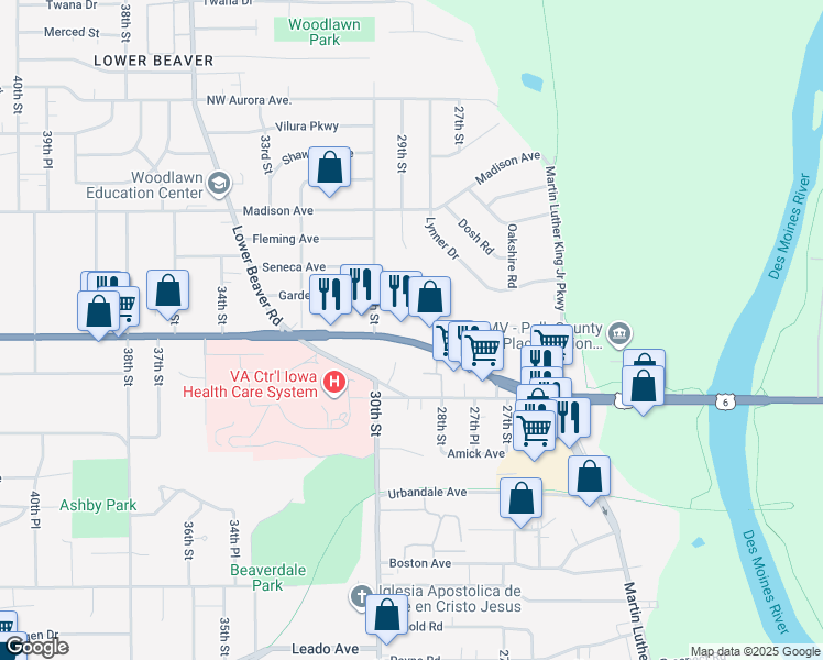 map of restaurants, bars, coffee shops, grocery stores, and more near 2901 Douglas Avenue in Des Moines