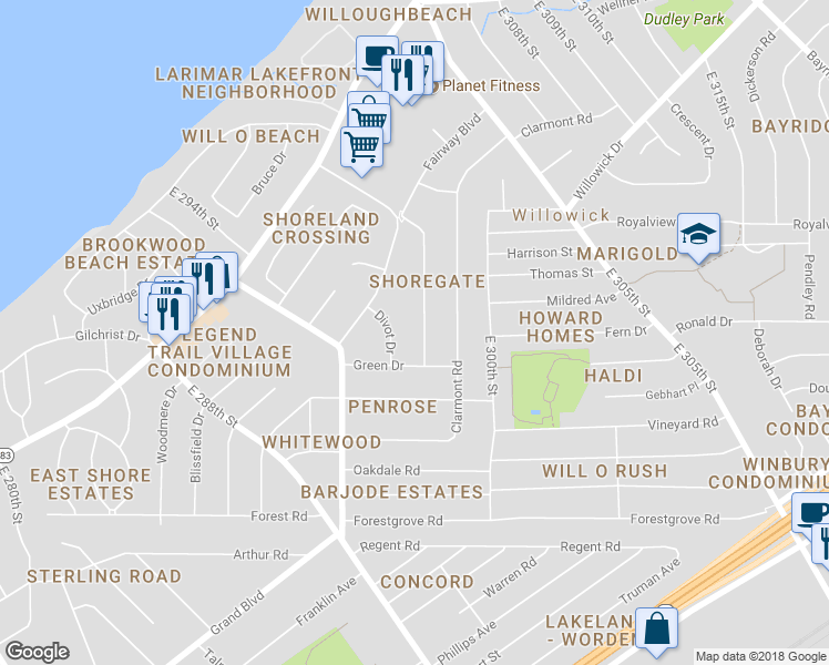 map of restaurants, bars, coffee shops, grocery stores, and more near 390 High Tee Drive in Willowick