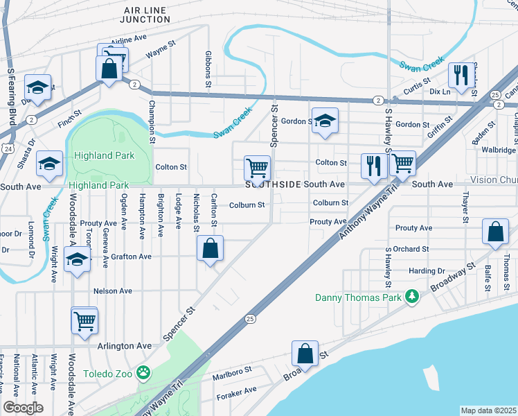 map of restaurants, bars, coffee shops, grocery stores, and more near 1415 Colburn Street in Toledo