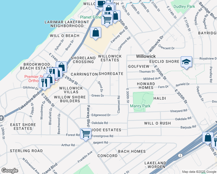 map of restaurants, bars, coffee shops, grocery stores, and more near 390 High Tee Drive in Willowick