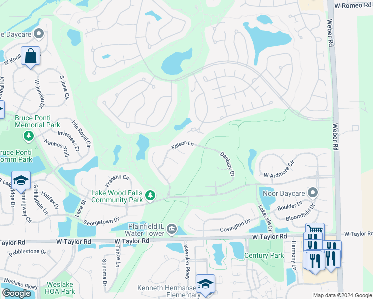 map of restaurants, bars, coffee shops, grocery stores, and more near 13961 Emerson Court in Plainfield