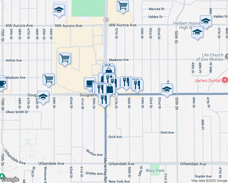 map of restaurants, bars, coffee shops, grocery stores, and more near 5701 Douglas Avenue in Des Moines