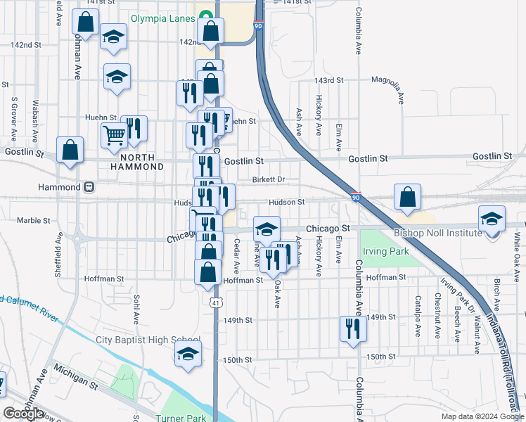 map of restaurants, bars, coffee shops, grocery stores, and more near 4611 Pine Avenue in Hammond
