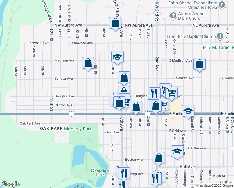 map of restaurants, bars, coffee shops, grocery stores, and more near 617 Douglas Avenue in Des Moines