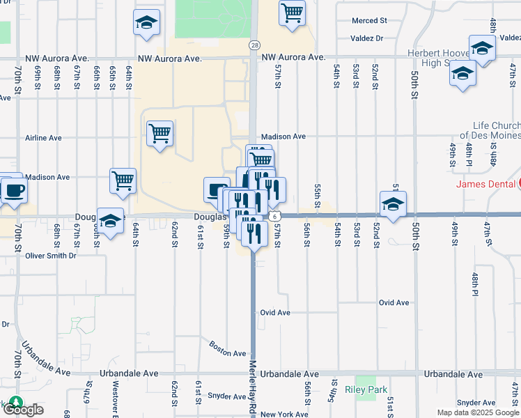 map of restaurants, bars, coffee shops, grocery stores, and more near 3708 Merle Hay Road in Des Moines