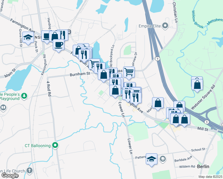 map of restaurants, bars, coffee shops, grocery stores, and more near 1104 Farmington Avenue in Berlin