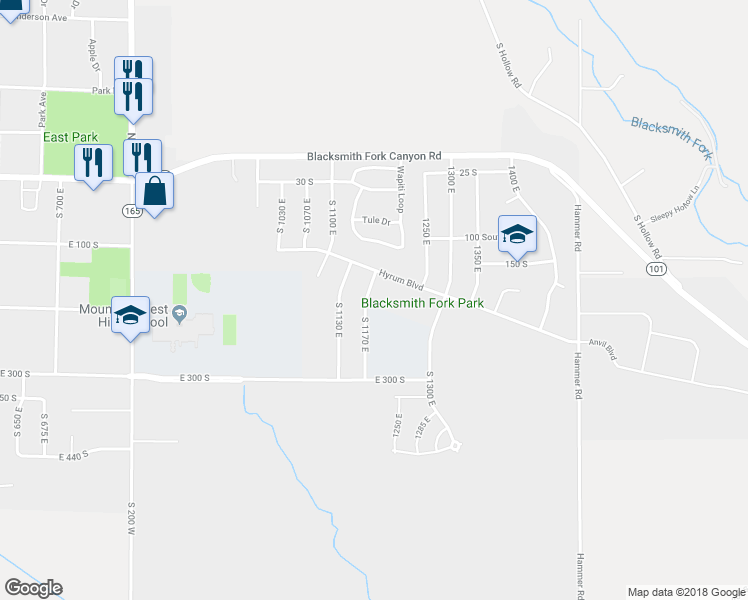 map of restaurants, bars, coffee shops, grocery stores, and more near 177 South 1170 East in Hyrum
