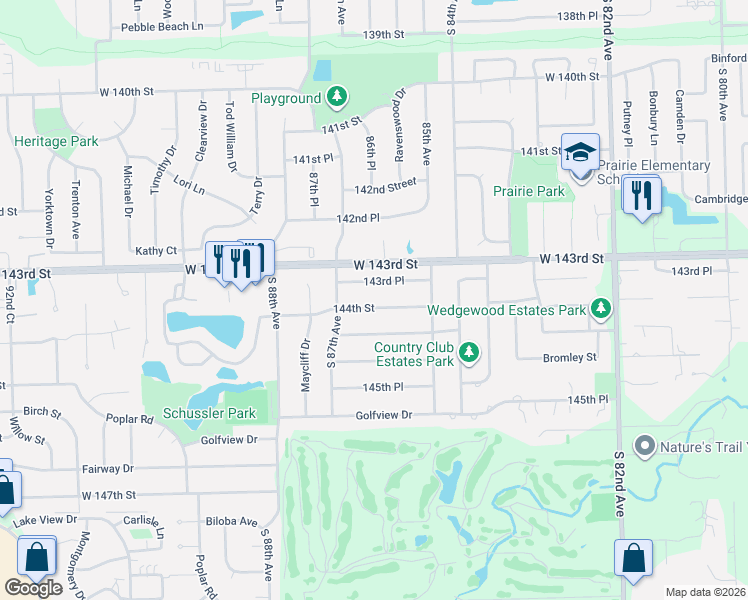 map of restaurants, bars, coffee shops, grocery stores, and more near 8601 144th Street in Orland Park