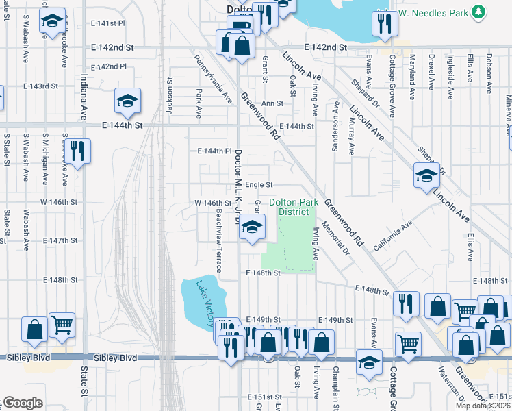 map of restaurants, bars, coffee shops, grocery stores, and more near 14607 Grant Street in Dolton