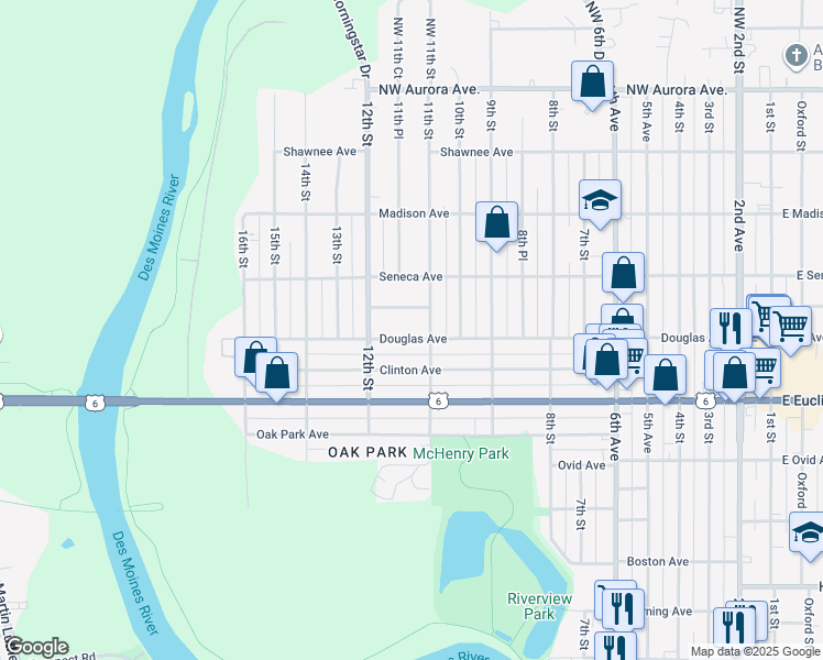 map of restaurants, bars, coffee shops, grocery stores, and more near 1117 Douglas Avenue in Des Moines