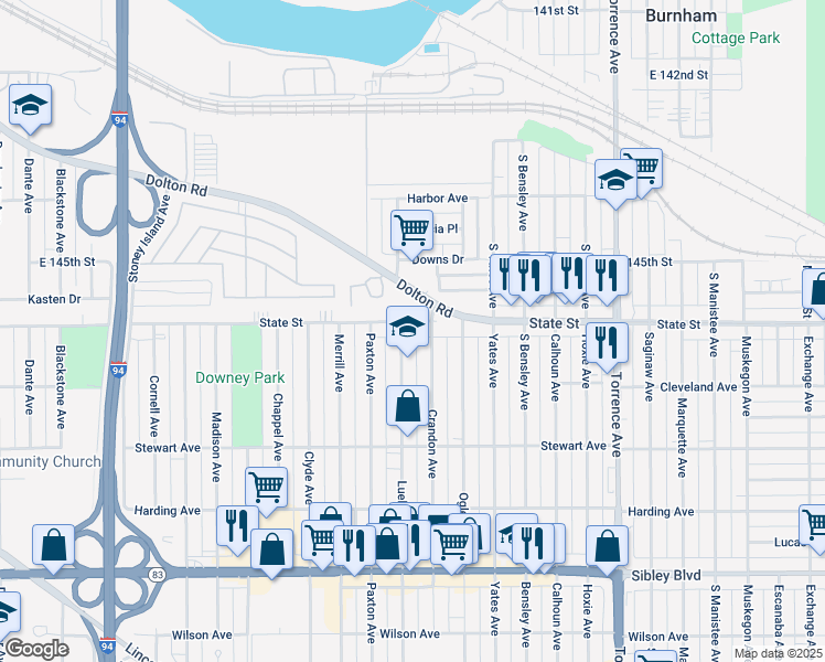 map of restaurants, bars, coffee shops, grocery stores, and more near 1717 State Street in Calumet City