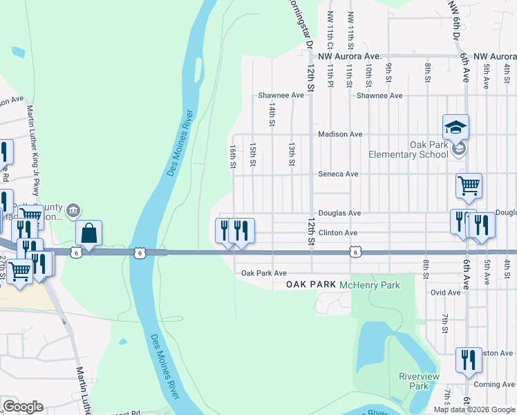 map of restaurants, bars, coffee shops, grocery stores, and more near 1412 Douglas Avenue in Des Moines