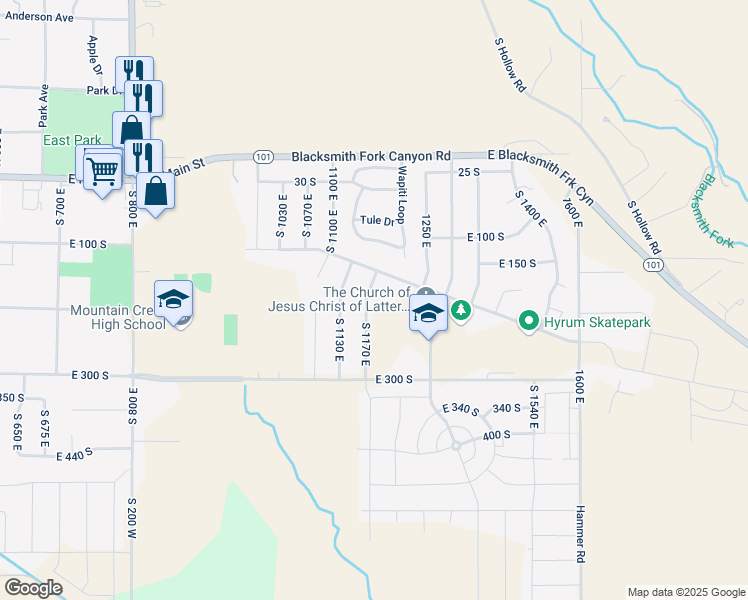 map of restaurants, bars, coffee shops, grocery stores, and more near 177 South 1170 East in Hyrum