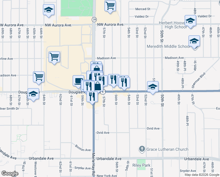 map of restaurants, bars, coffee shops, grocery stores, and more near 5701 Douglas Avenue in Des Moines