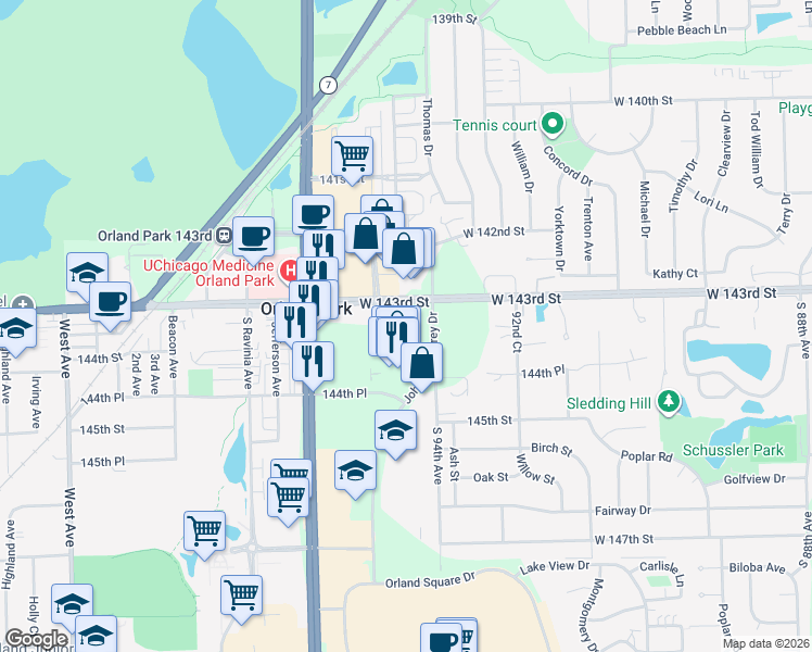 map of restaurants, bars, coffee shops, grocery stores, and more near 9401 West 143rd Street in Orland Park