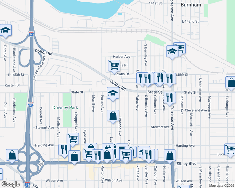 map of restaurants, bars, coffee shops, grocery stores, and more near 1701 State Street in Calumet City