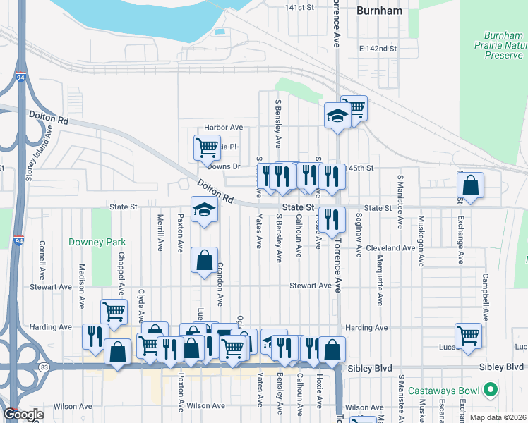 map of restaurants, bars, coffee shops, grocery stores, and more near 1573 State Street in Calumet City