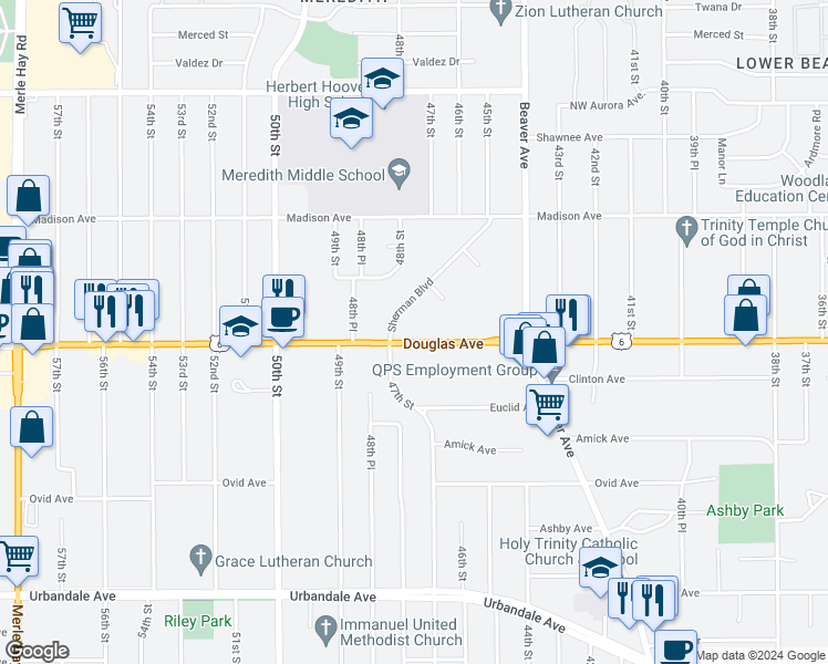 map of restaurants, bars, coffee shops, grocery stores, and more near 4623 U.S. 6 in Des Moines