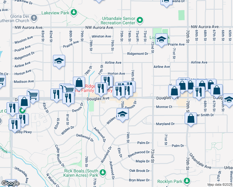 map of restaurants, bars, coffee shops, grocery stores, and more near 7501 Douglas Avenue in Urbandale