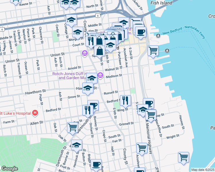 map of restaurants, bars, coffee shops, grocery stores, and more near 8 Howland Terrace in New Bedford