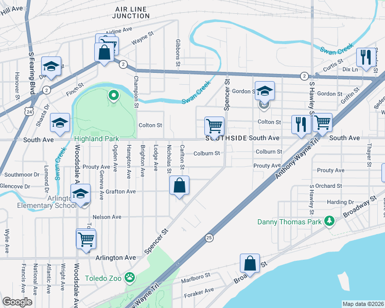 map of restaurants, bars, coffee shops, grocery stores, and more near in Toledo