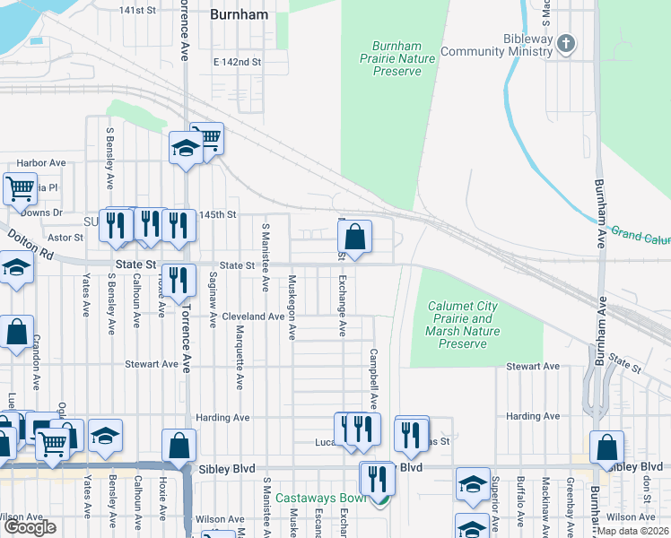 map of restaurants, bars, coffee shops, grocery stores, and more near 276 Exchange Avenue in Calumet City