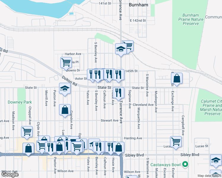 map of restaurants, bars, coffee shops, grocery stores, and more near 276 Hoxie Avenue in Calumet City