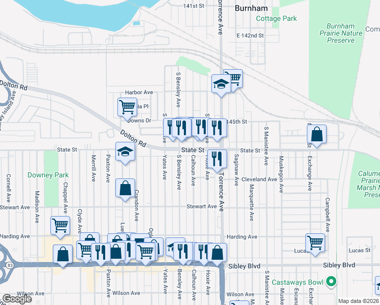 map of restaurants, bars, coffee shops, grocery stores, and more near 267 South Bensley Avenue in Calumet City