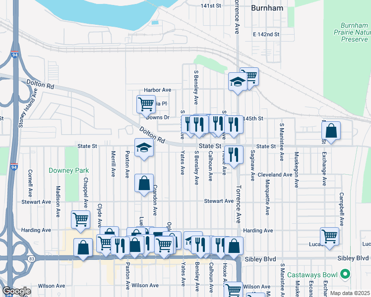 map of restaurants, bars, coffee shops, grocery stores, and more near 274 Yates Avenue in Calumet City