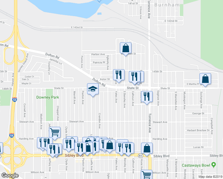 map of restaurants, bars, coffee shops, grocery stores, and more near 274 Yates Avenue in Calumet City