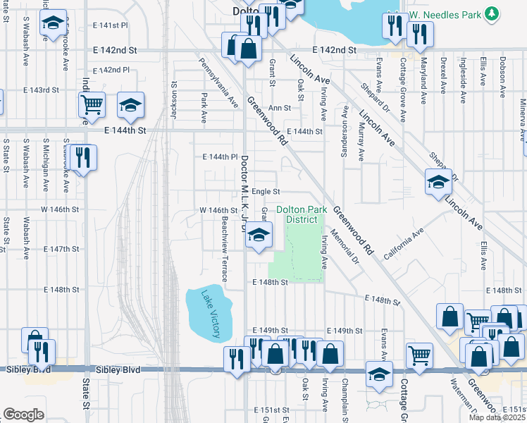 map of restaurants, bars, coffee shops, grocery stores, and more near 14607 Grant Street in Dolton
