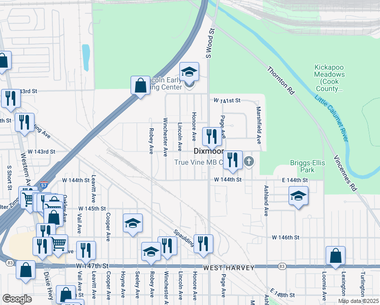 map of restaurants, bars, coffee shops, grocery stores, and more near 14313 Lincoln Avenue in Dixmoor