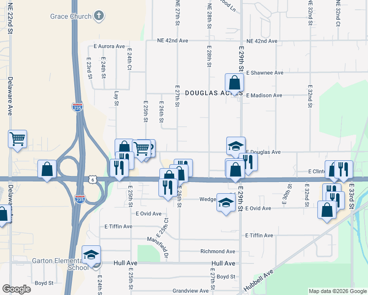 map of restaurants, bars, coffee shops, grocery stores, and more near 2723 East Douglas Avenue in Des Moines