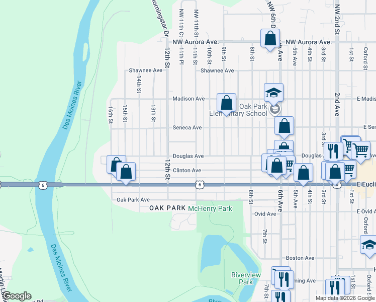 map of restaurants, bars, coffee shops, grocery stores, and more near 1117 Douglas Avenue in Des Moines