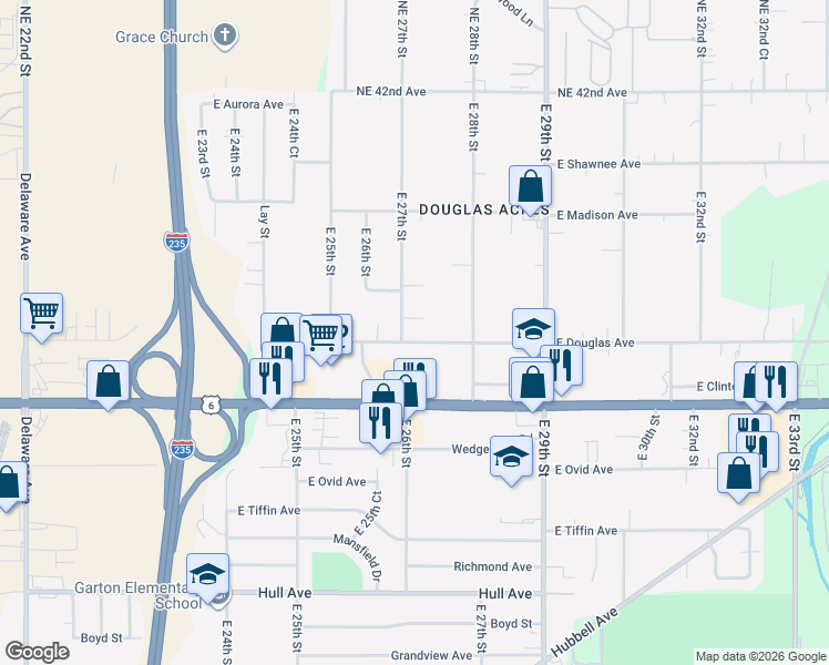 map of restaurants, bars, coffee shops, grocery stores, and more near 2723 East Douglas Avenue in Des Moines