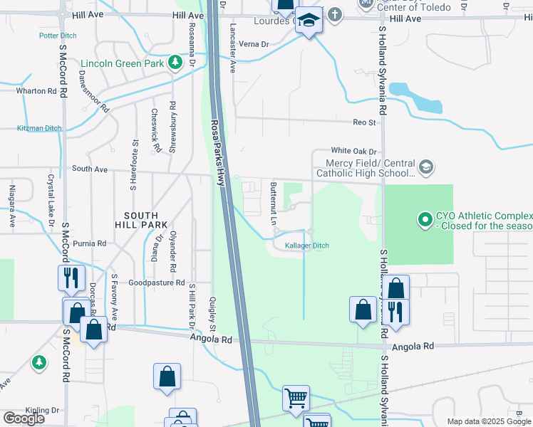 map of restaurants, bars, coffee shops, grocery stores, and more near 566 Butternut Ln in Toledo