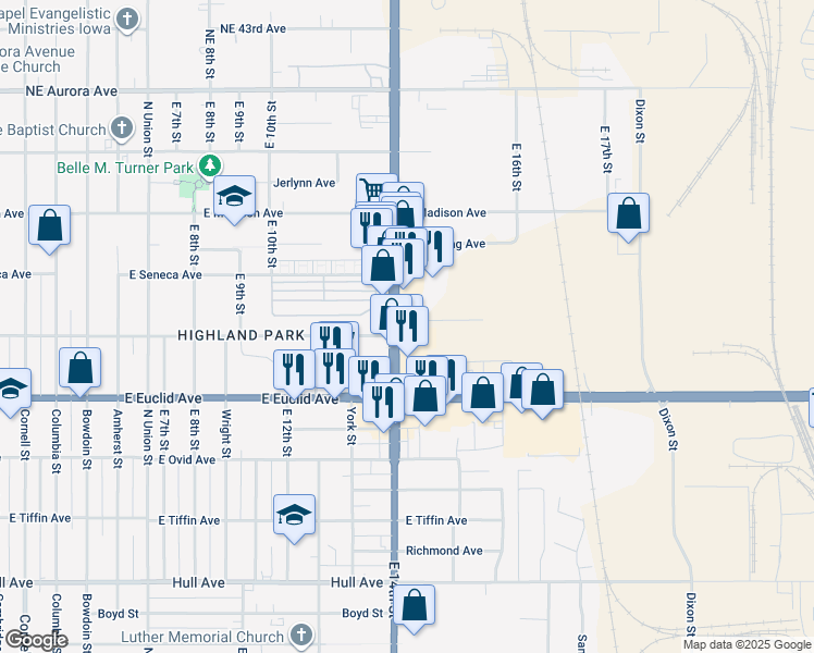 map of restaurants, bars, coffee shops, grocery stores, and more near 3809 East 14th Street in Des Moines