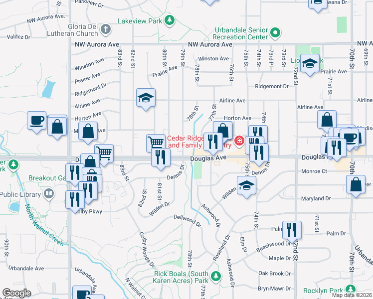 map of restaurants, bars, coffee shops, grocery stores, and more near 7815 Douglas Avenue in Urbandale