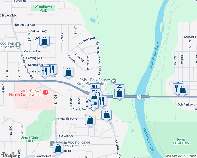 map of restaurants, bars, coffee shops, grocery stores, and more near 3800 Martin Luther King Junior Parkway in Des Moines