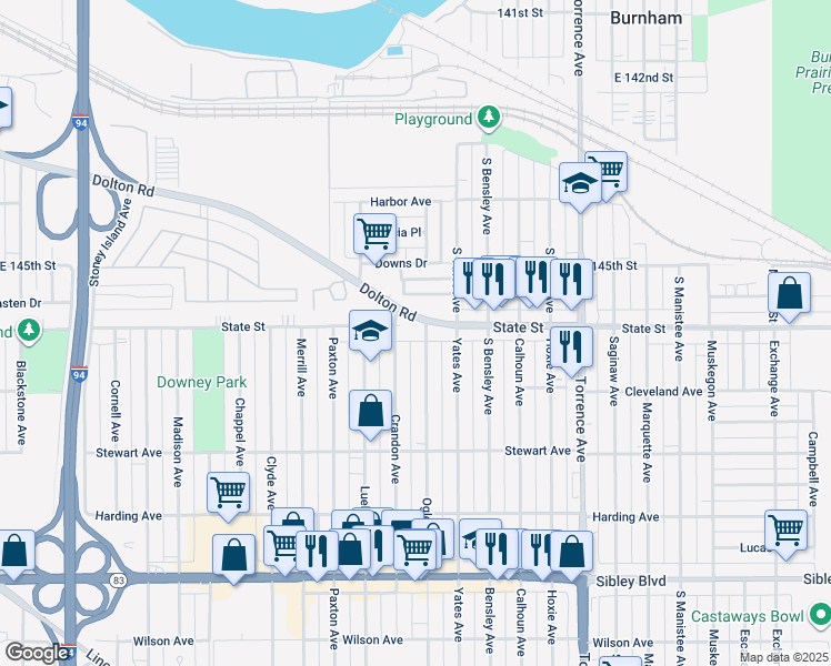map of restaurants, bars, coffee shops, grocery stores, and more near 1677 State Street in Calumet City