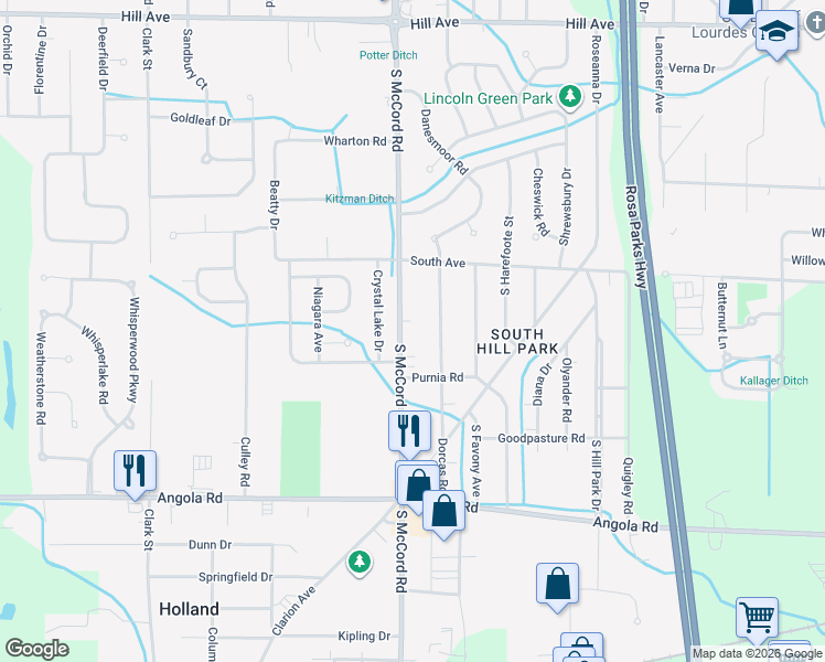 map of restaurants, bars, coffee shops, grocery stores, and more near 617 South McCord Road in Holland