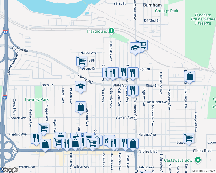 map of restaurants, bars, coffee shops, grocery stores, and more near 1561 State Street in Calumet City