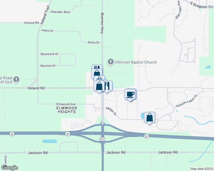 map of restaurants, bars, coffee shops, grocery stores, and more near 3430 Bremen Highway in Mishawaka