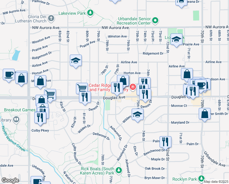 map of restaurants, bars, coffee shops, grocery stores, and more near 7725 Douglas Avenue in Urbandale