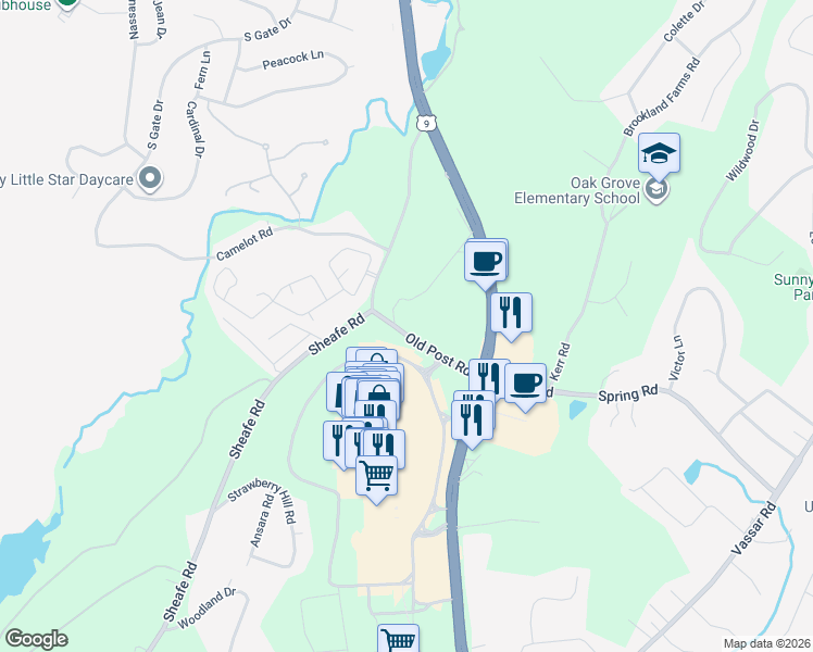 map of restaurants, bars, coffee shops, grocery stores, and more near 53 Old Post Road in Poughkeepsie