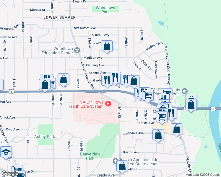map of restaurants, bars, coffee shops, grocery stores, and more near 3025 Douglas Avenue in Des Moines