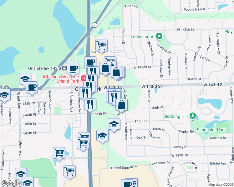 map of restaurants, bars, coffee shops, grocery stores, and more near 9401 West 143rd Street in Orland Park