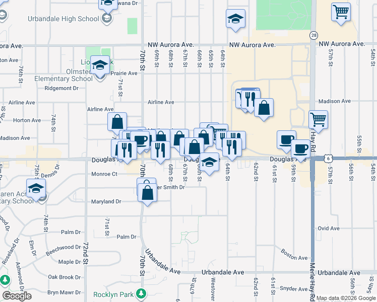 map of restaurants, bars, coffee shops, grocery stores, and more near 6601 Douglas Avenue in Urbandale
